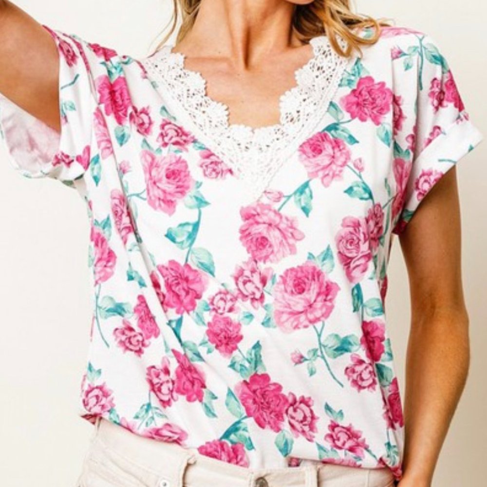 Lace V Neck Rose Top